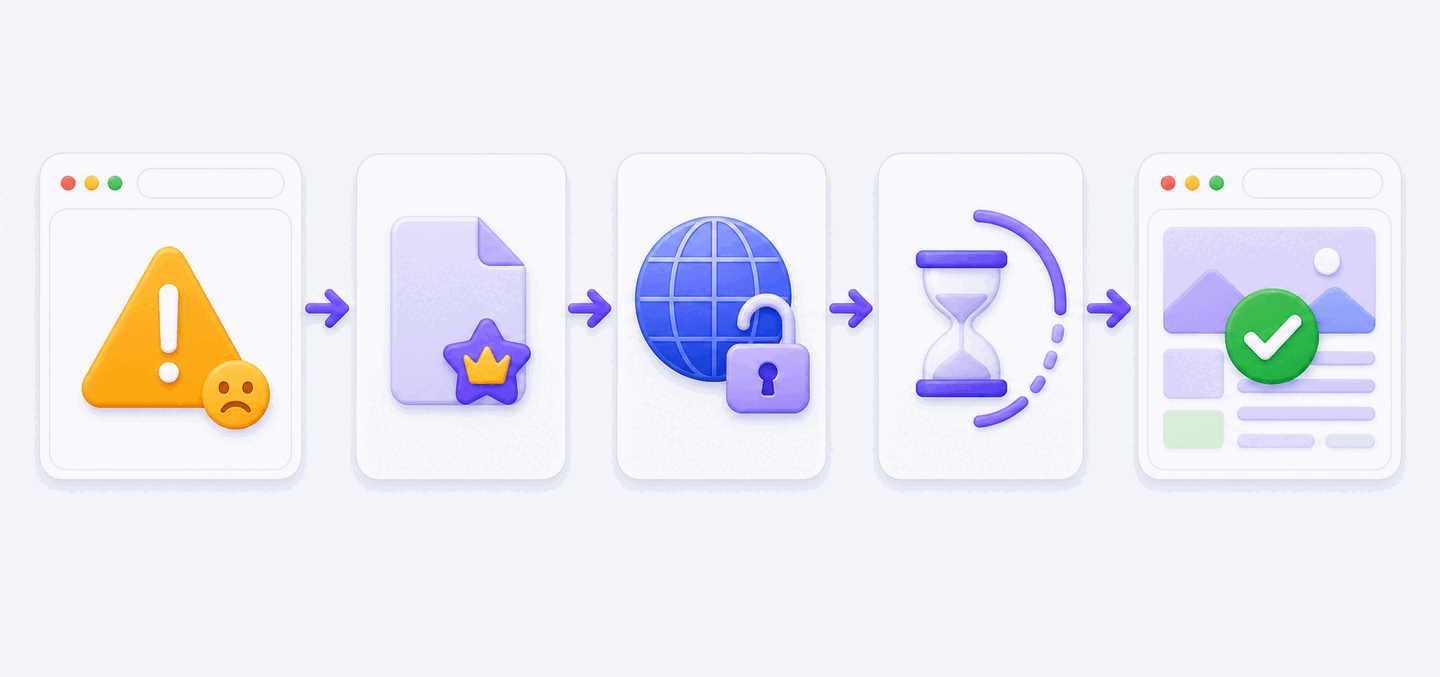 GitHub Pages が表示されないときの3つの確認イメージ図：ファイル名が index.html か、リポジトリが Public か、反映を数分待ったか、を確認するとサイトが表示される